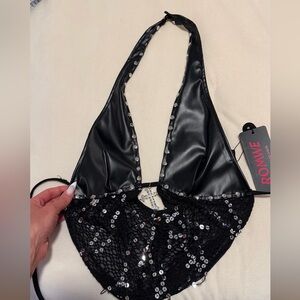 ROMWE Black Faux Leather & Sequin Lace Halter Bralette